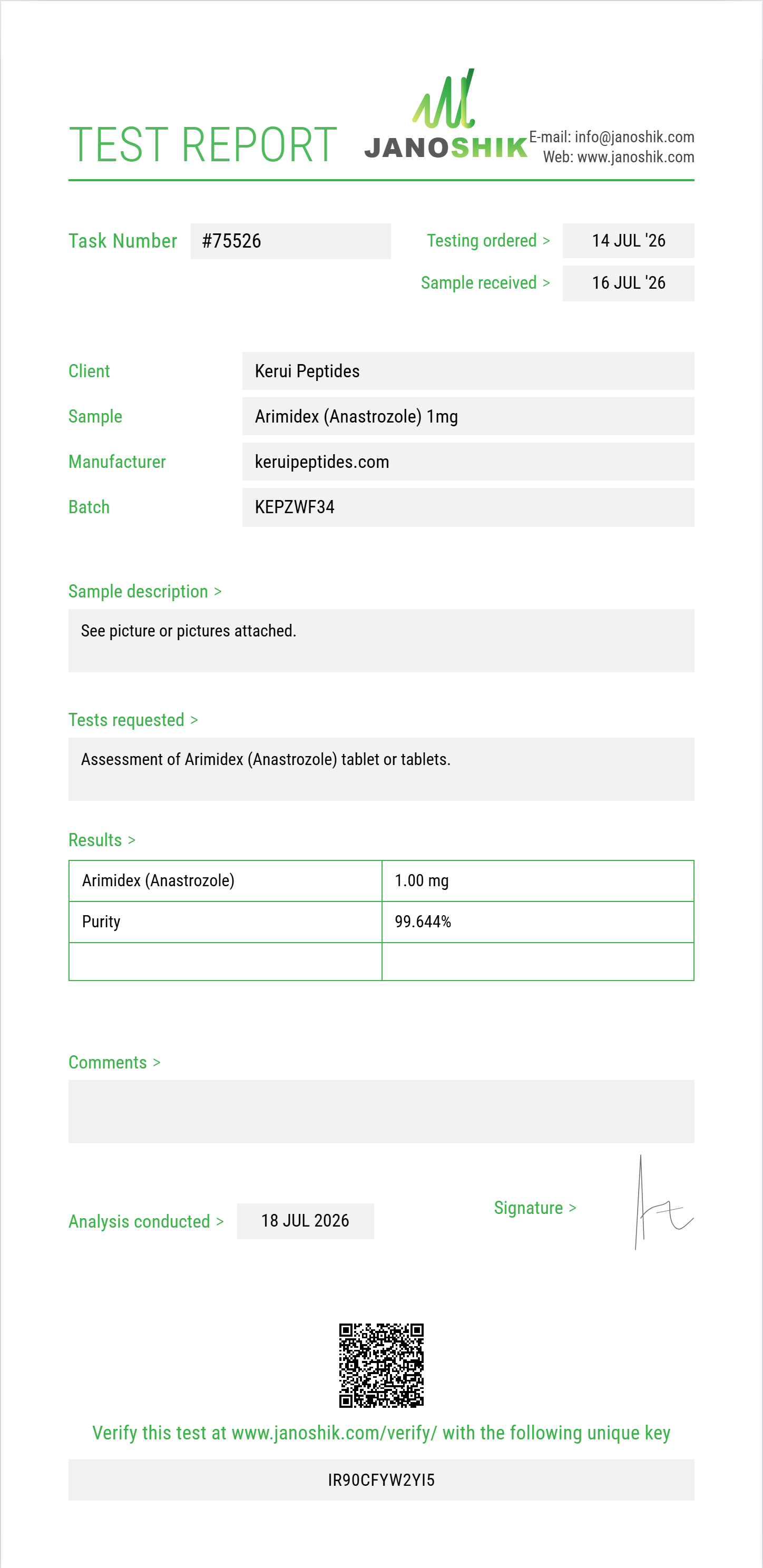 Arimidex (Anastrozole) Purity (HPLC) report by Janoshik Analytical