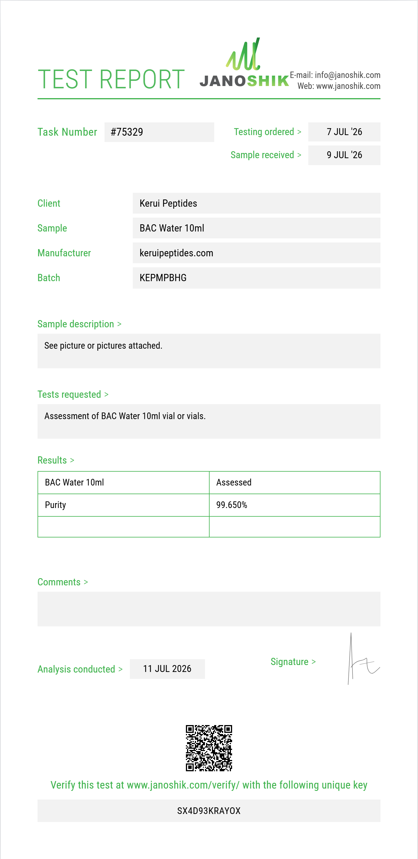 BAC Water Bundle Purity Test Report by Janoshik