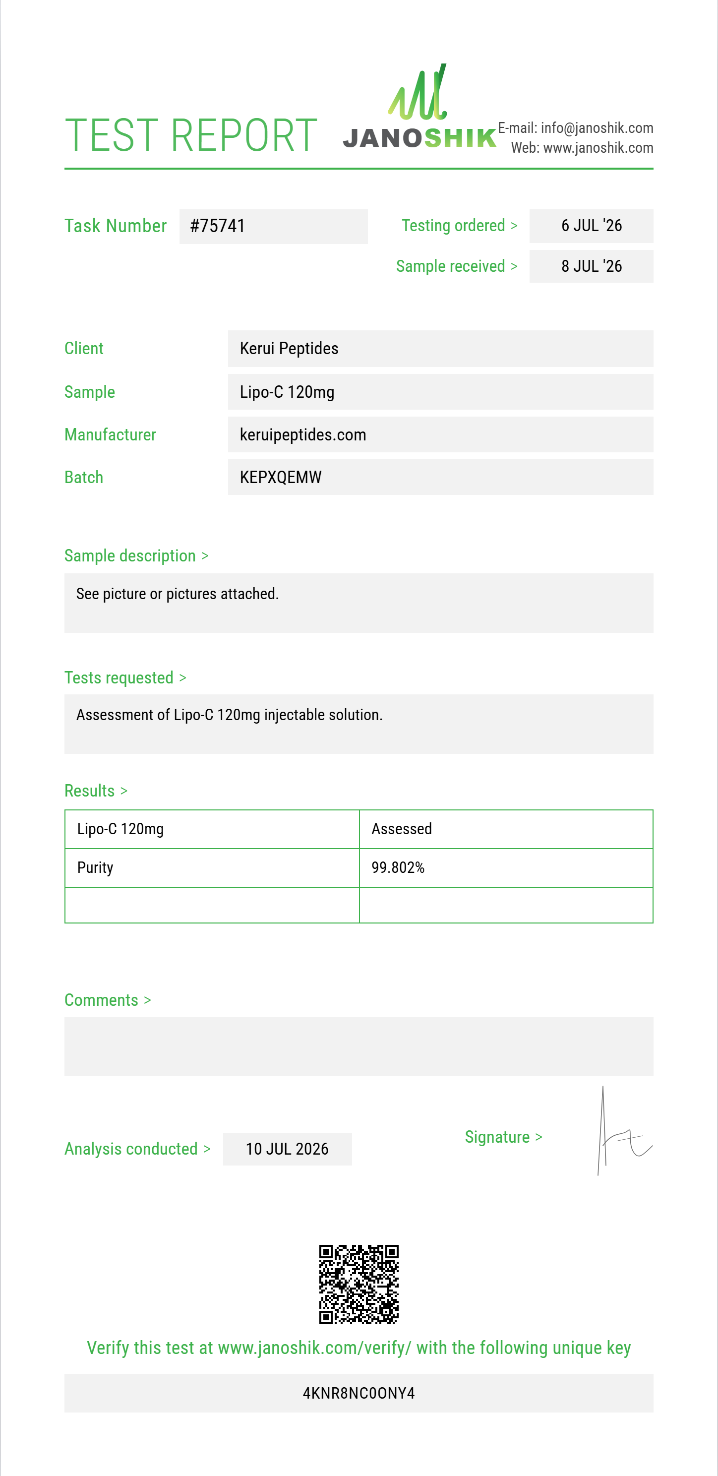 Lipo-C 120mg Purity (HPLC) report by Janoshik Analytical