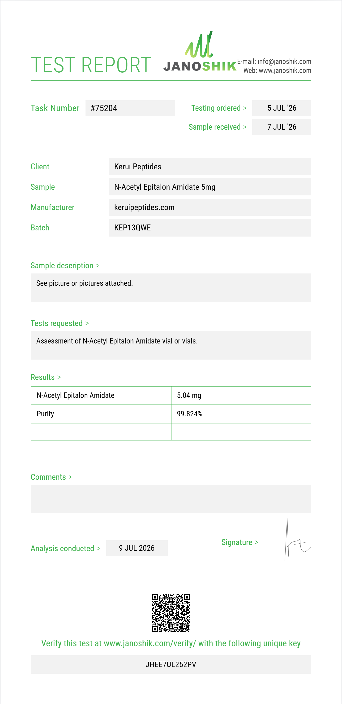 N-Acetyl Epitalon Amidate Purity (HPLC) report by Janoshik Analytical