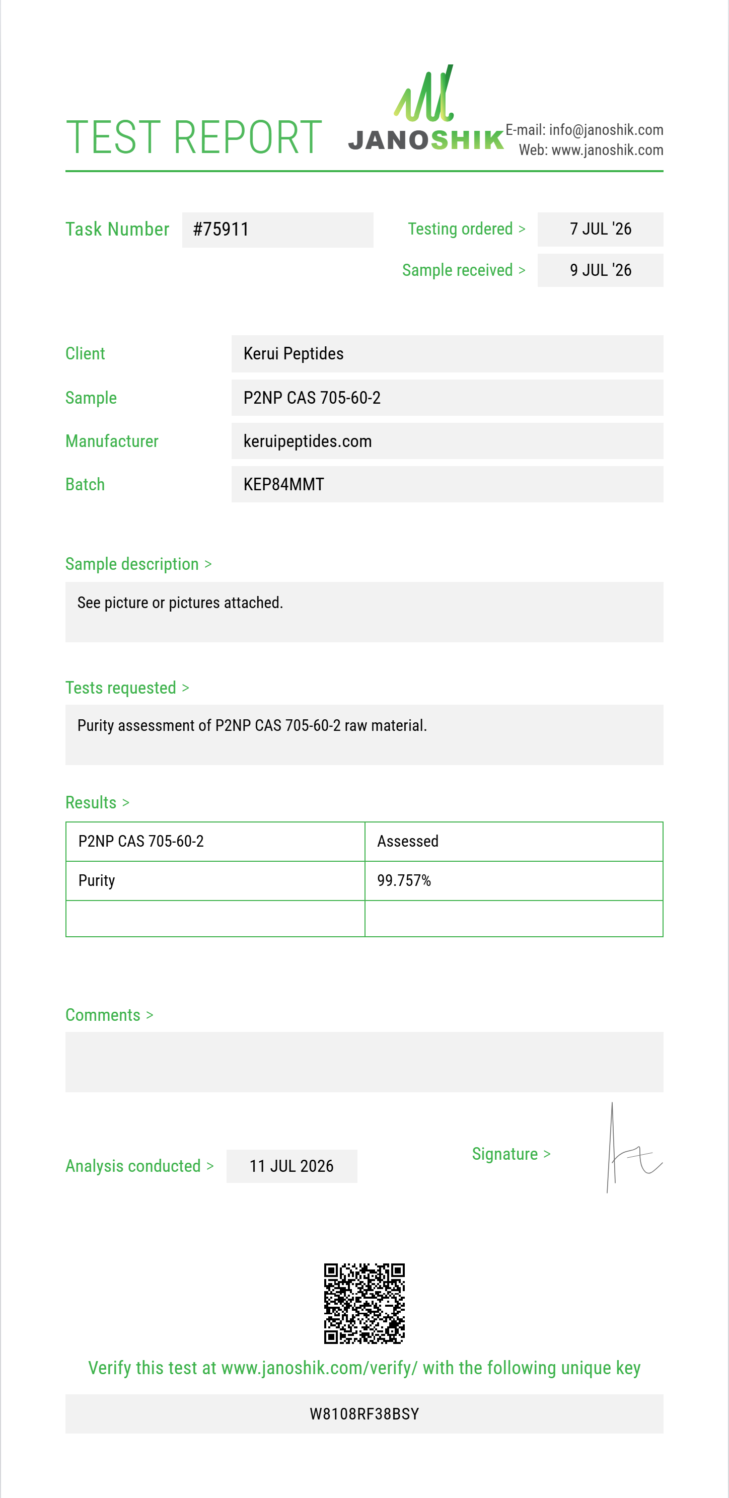 P2NP (1-phenyl-2-nitropropene) CAS 705-60-2 Purity (HPLC) report by Janoshik Analytical
