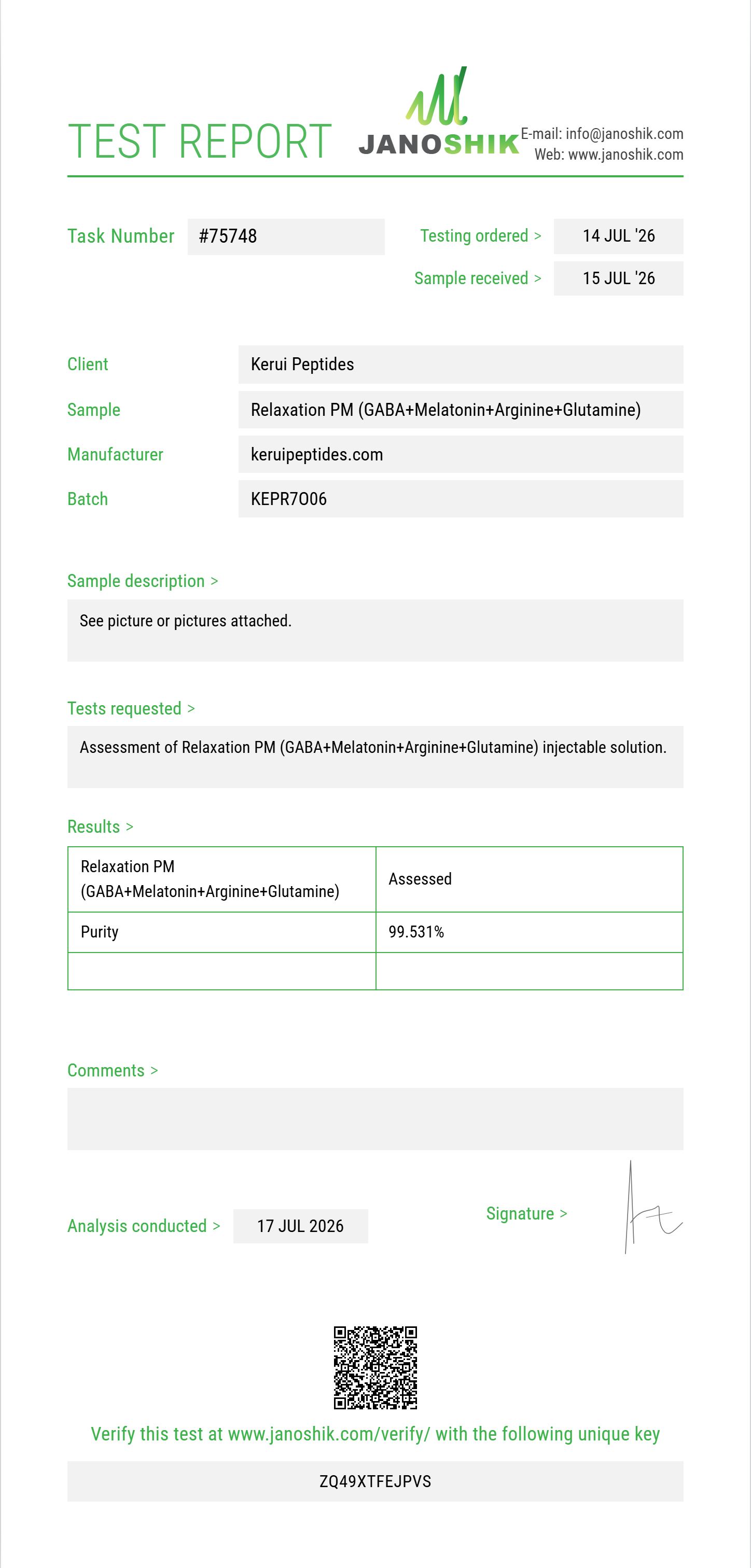 Relaxation PM (GABA 100mg+Melatonin 1mg+Arginine 100mg+Glutamine 25mg) Purity (HPLC) report by Janoshik Analytical