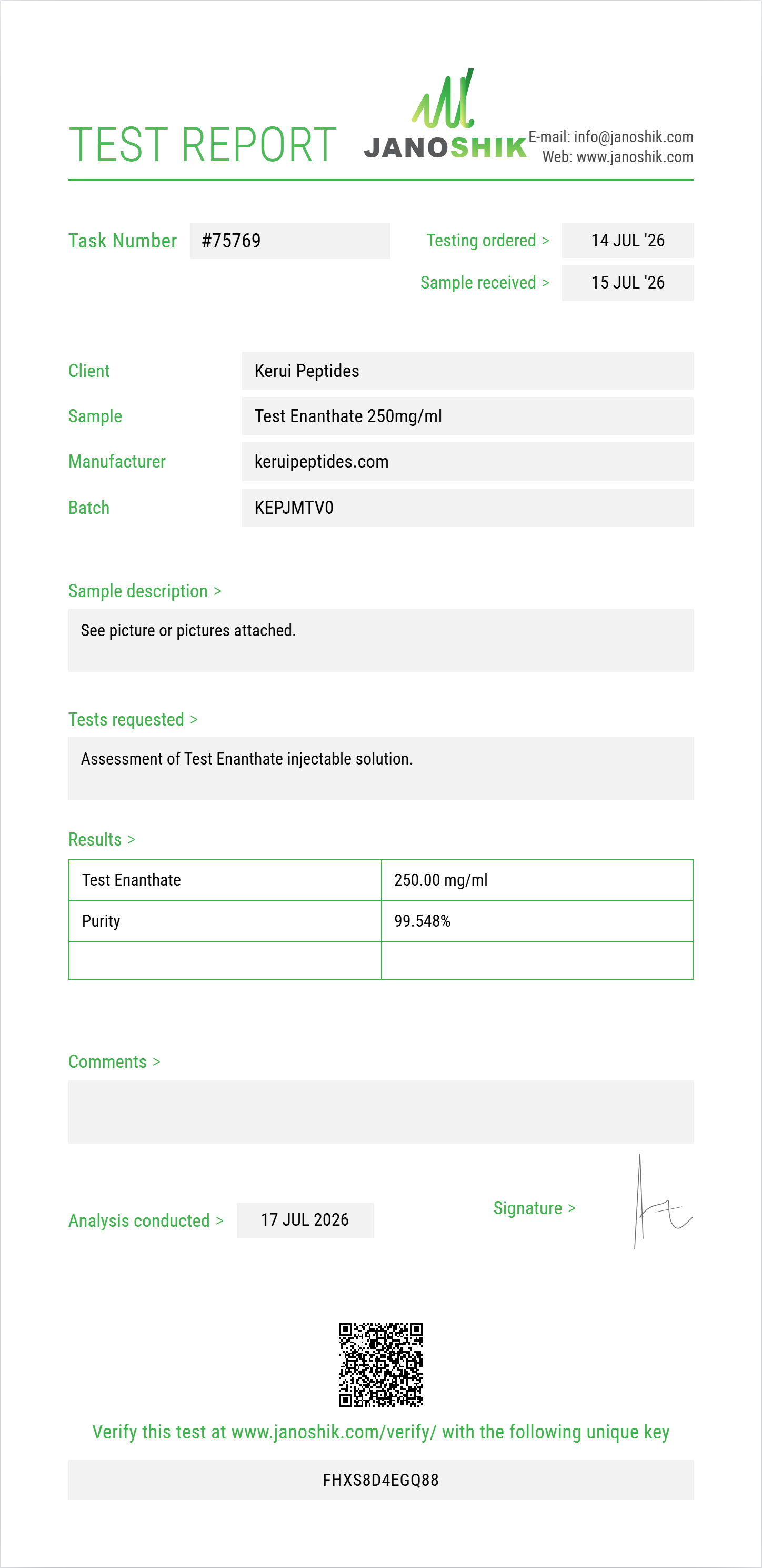 Test Enanthate Purity (HPLC) report by Janoshik Analytical