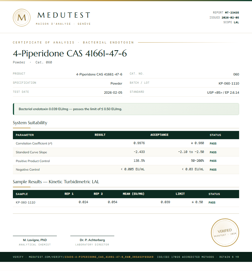 4-Piperidone CAS 41661-47-6 Endotoxin report by Medutest