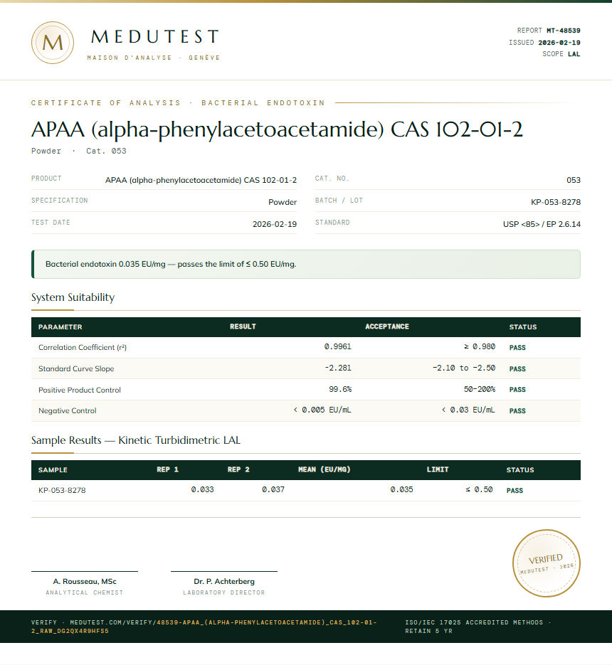 APAA (alpha-phenylacetoacetamide) CAS 102-01-2 Endotoxin report by Medutest