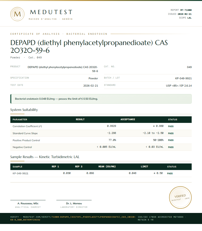 DEPAPD (diethyl phenylacetylpropanedioate) CAS 20320-59-6 Endotoxin report by Medutest