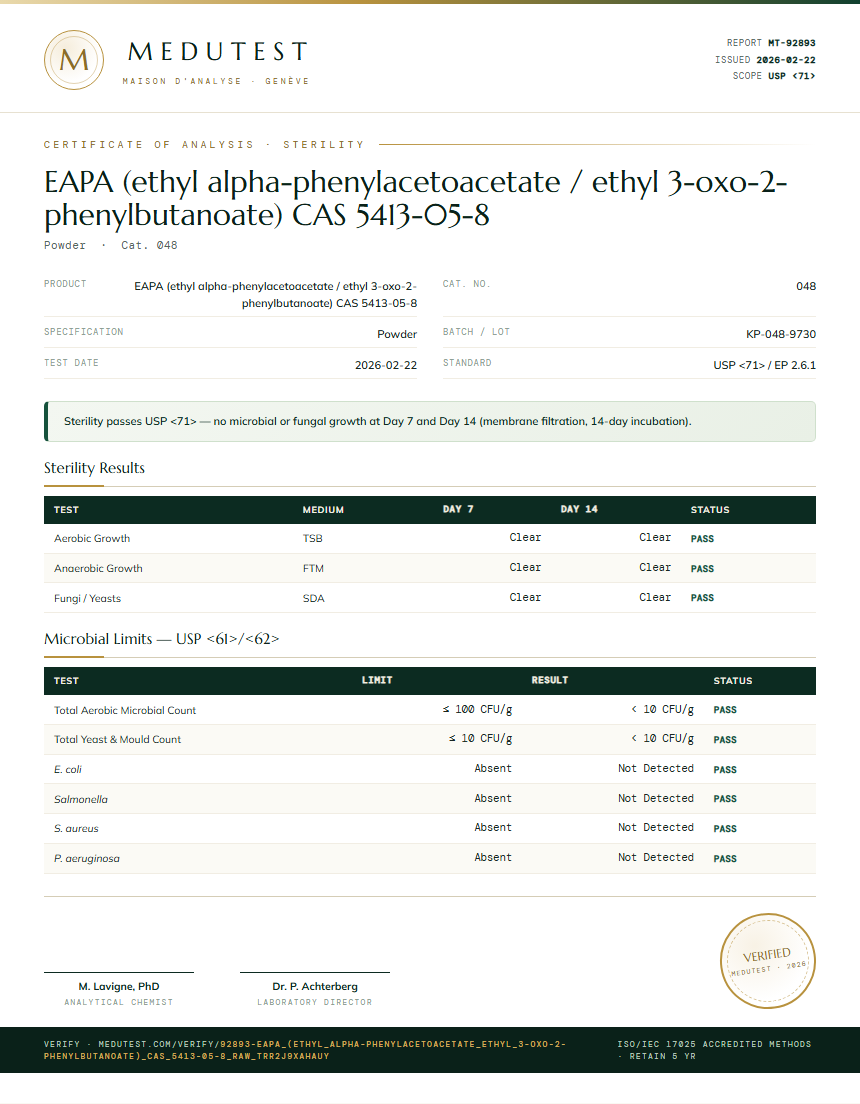 EAPA (ethyl alpha-phenylacetoacetate / ethyl 3-oxo-2-phenylbutanoate) CAS 5413-05-8 Sterility report by Medutest