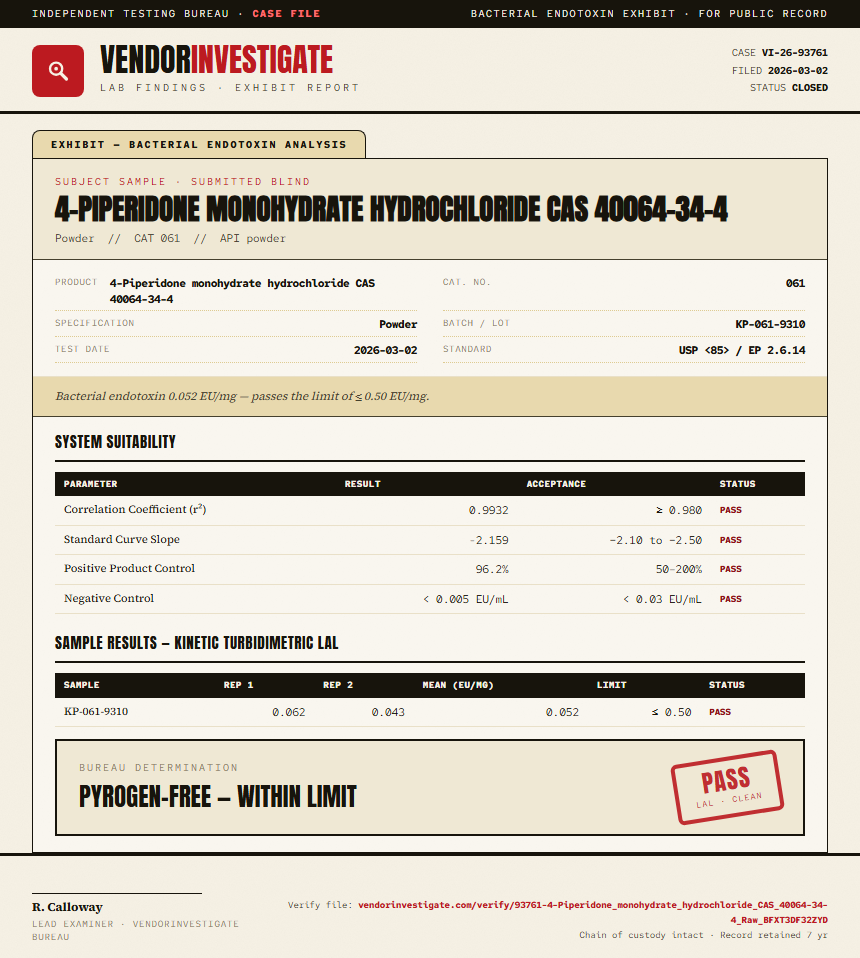 4-Piperidone monohydrate hydrochloride CAS 40064-34-4 Endotoxin report by VendorInvestigate
