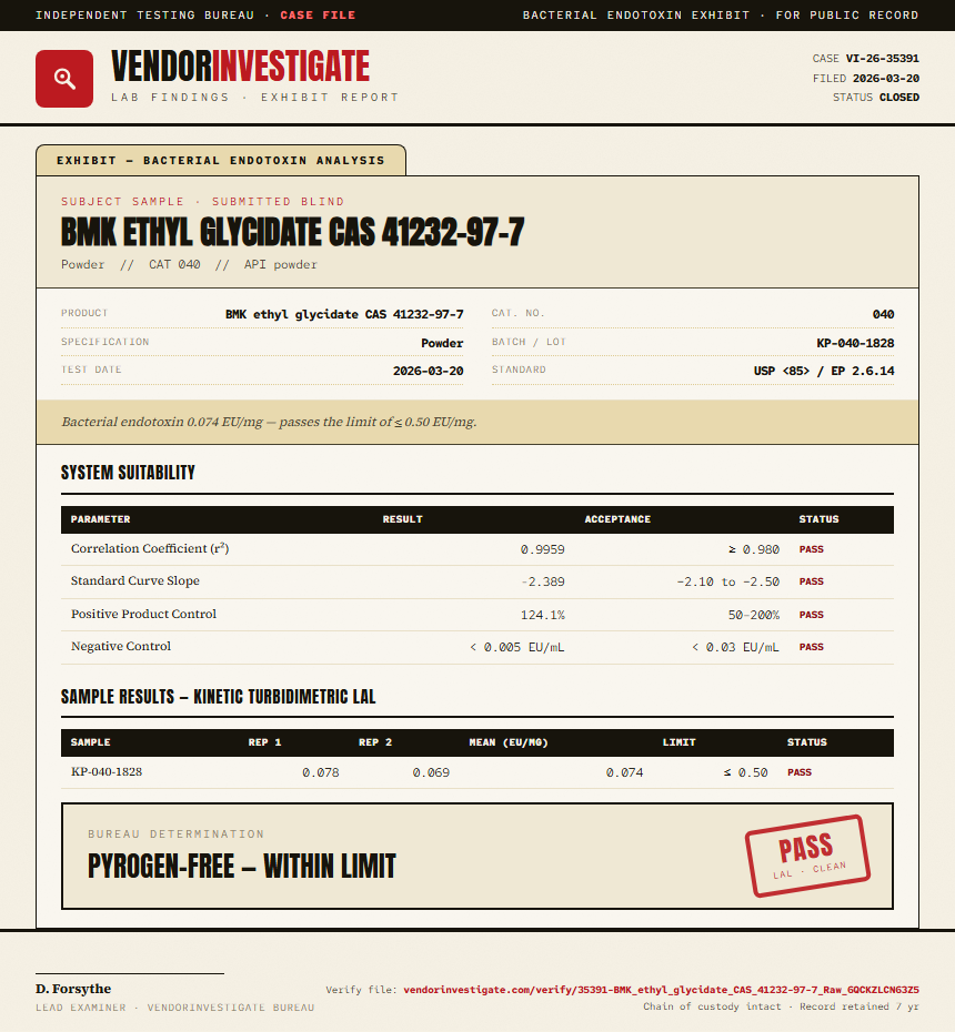 BMK ethyl glycidate CAS 41232-97-7 Endotoxin report by VendorInvestigate