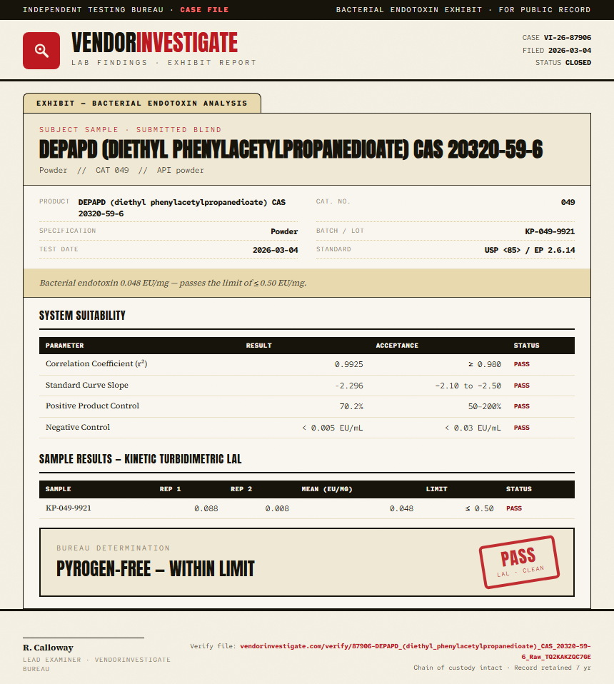 DEPAPD (diethyl phenylacetylpropanedioate) CAS 20320-59-6 Endotoxin report by VendorInvestigate
